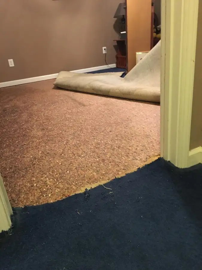 Carpet pad removal revealing water damage during Water Mitigation Services in Sawmills